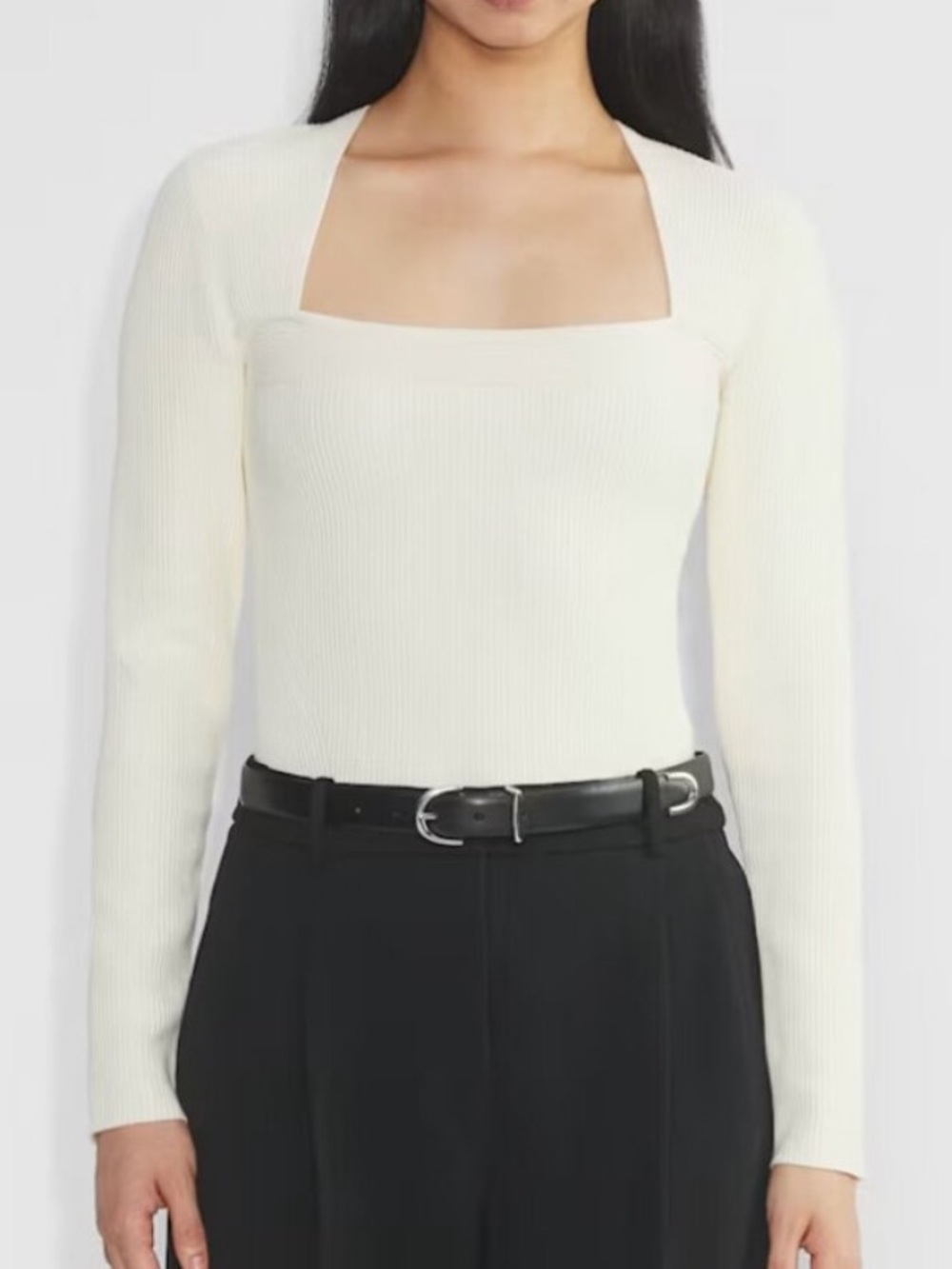Babaton Aritzia Grid Ivory Ribbed Square-Neck Long Sleeve Sweater Top NWT Sz M